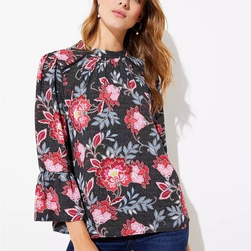 LOFT Black‎ Blouse with Pink and Red Floral Design. Just Beautiful!